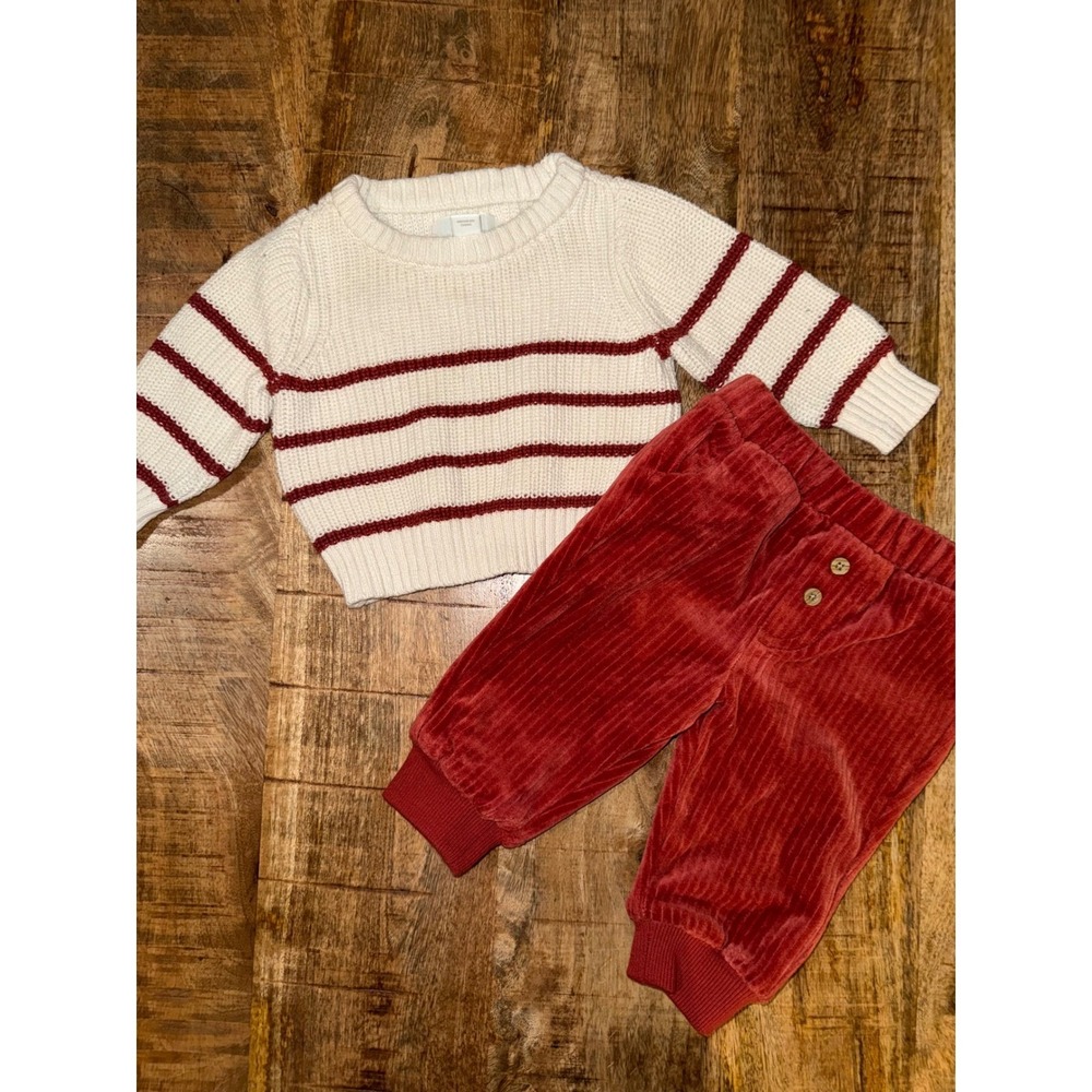Cloud Island Baby 0-3M Red Corduroy Pants & Striped Knit Sweater 2-Piece Outfit